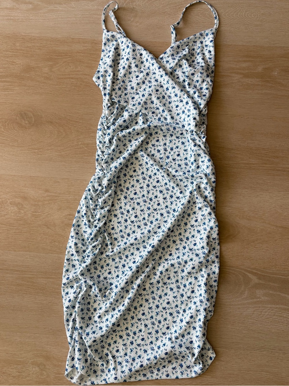 SHEIN White Rouched Midi Dress with Blue Floral Print